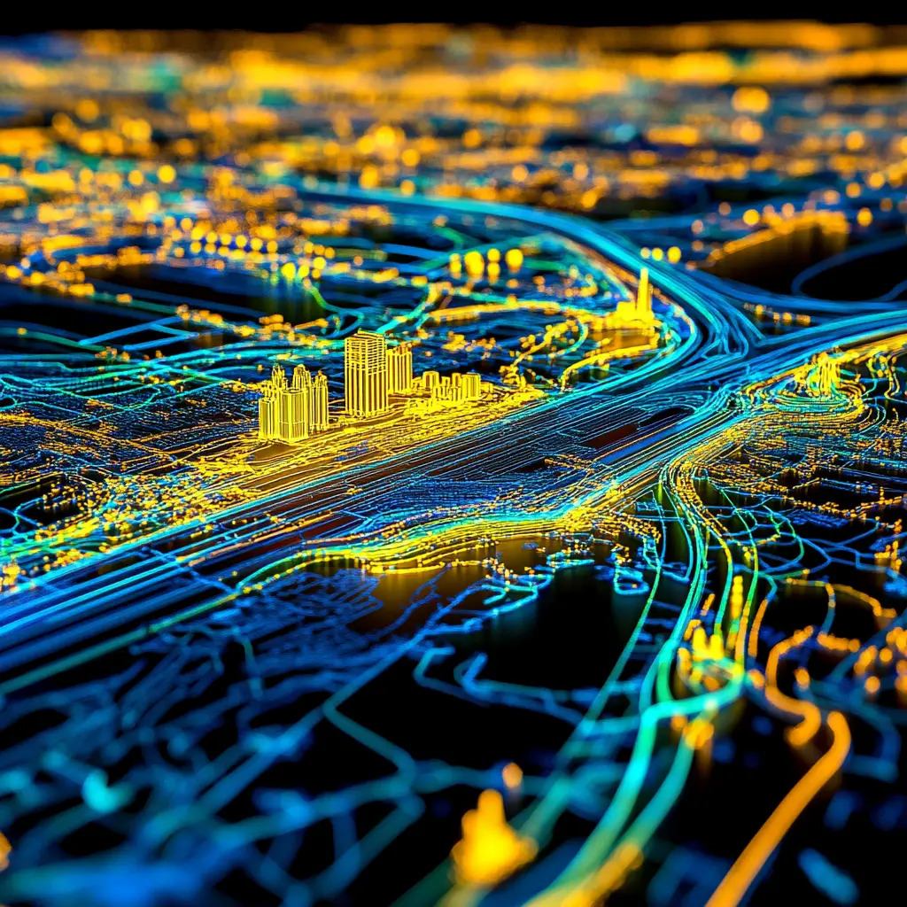 Custom geospatial visualization image created by Sean Backhouse, depicting complex data interactions for enhanced user insights.